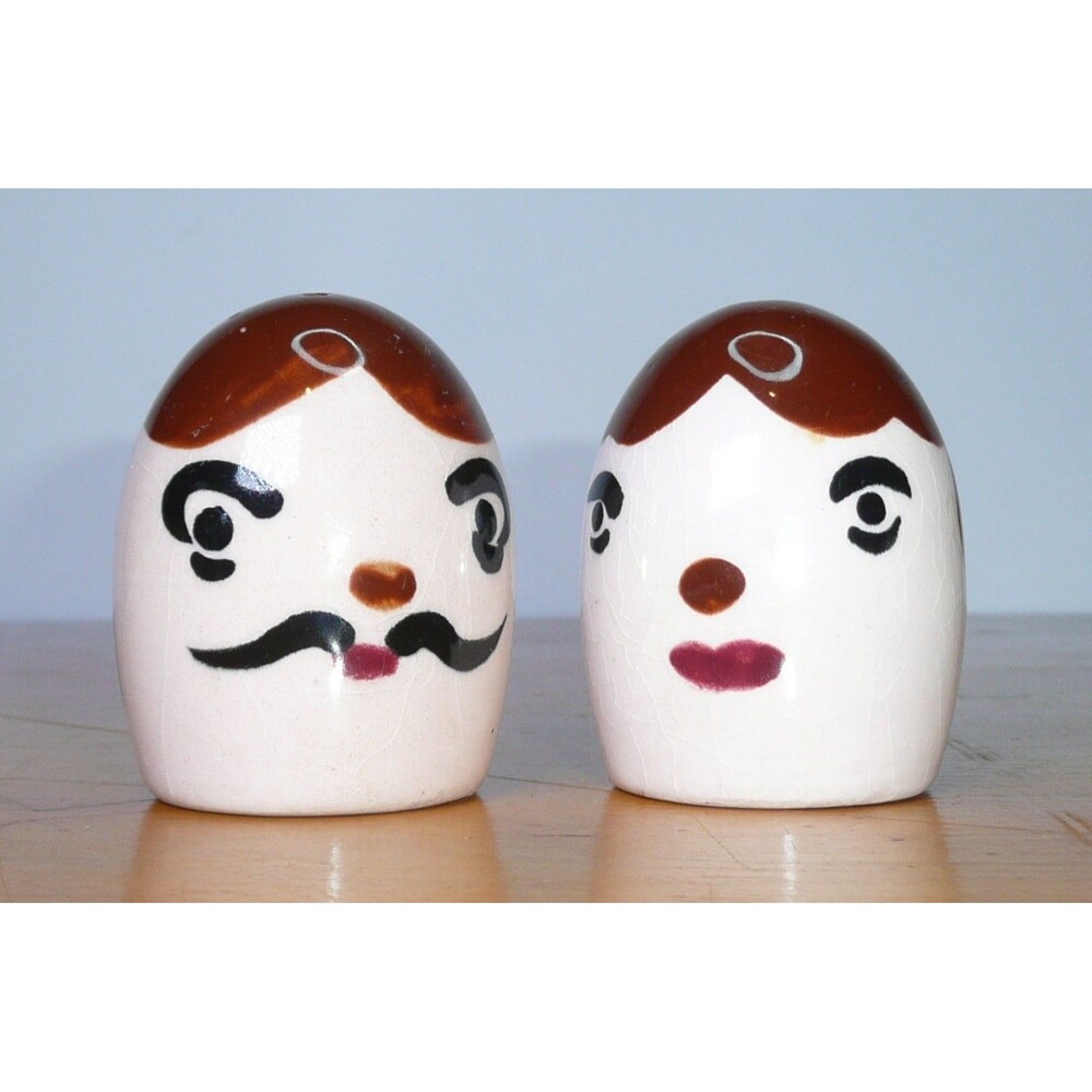 VTG Napco Glazed Ceramic Japan Salt Pepper Shakers Egg Heads Mustache Man Woman